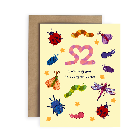 Greeting card with colorful insects and text on a yellow background