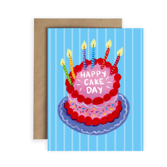 Birthday card with a cake illustration and 'Happy Cake Day' text on a blue striped background.