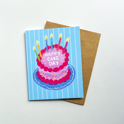 birthday card with cake illustration and text 'happy cake day' against a white background