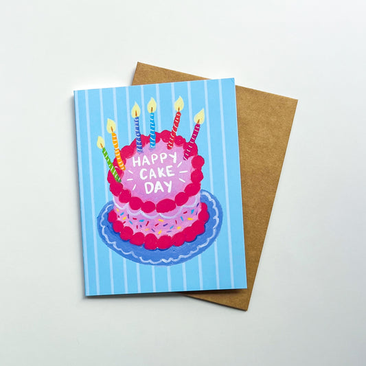 birthday card with cake illustration and text 'happy cake day' against a white background