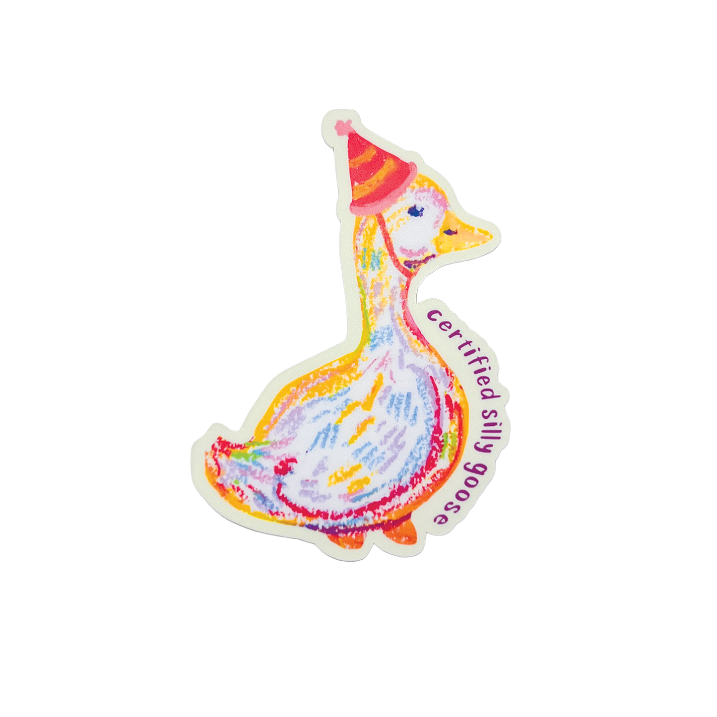 Colorful duck sticker with a red hat and 'Certified Silly Goose' text on a white background