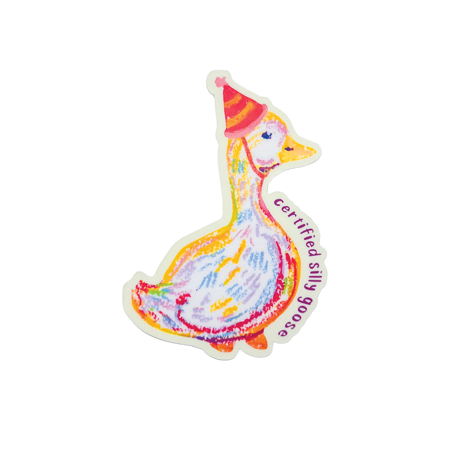Colorful duck sticker with a red hat and 'Certified Silly Goose' text on a white background