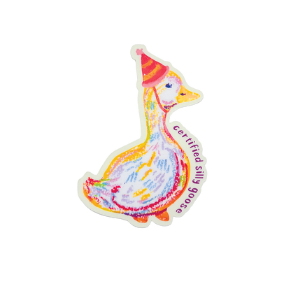 Colorful duck sticker with a red hat and 'Certified Silly Goose' text on a white background