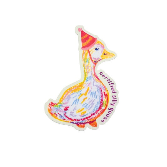 Colorful duck sticker with a red hat and 'Certified Silly Goose' text on a white background