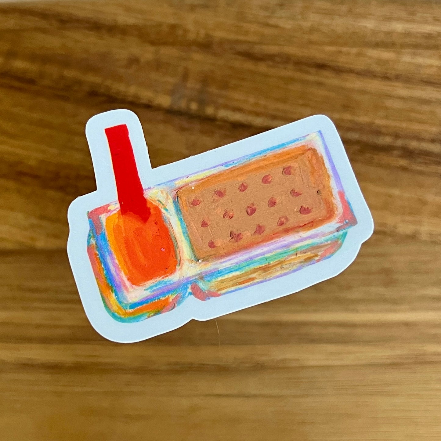 colourful illustration of cheese dip and crackers on wooden surface