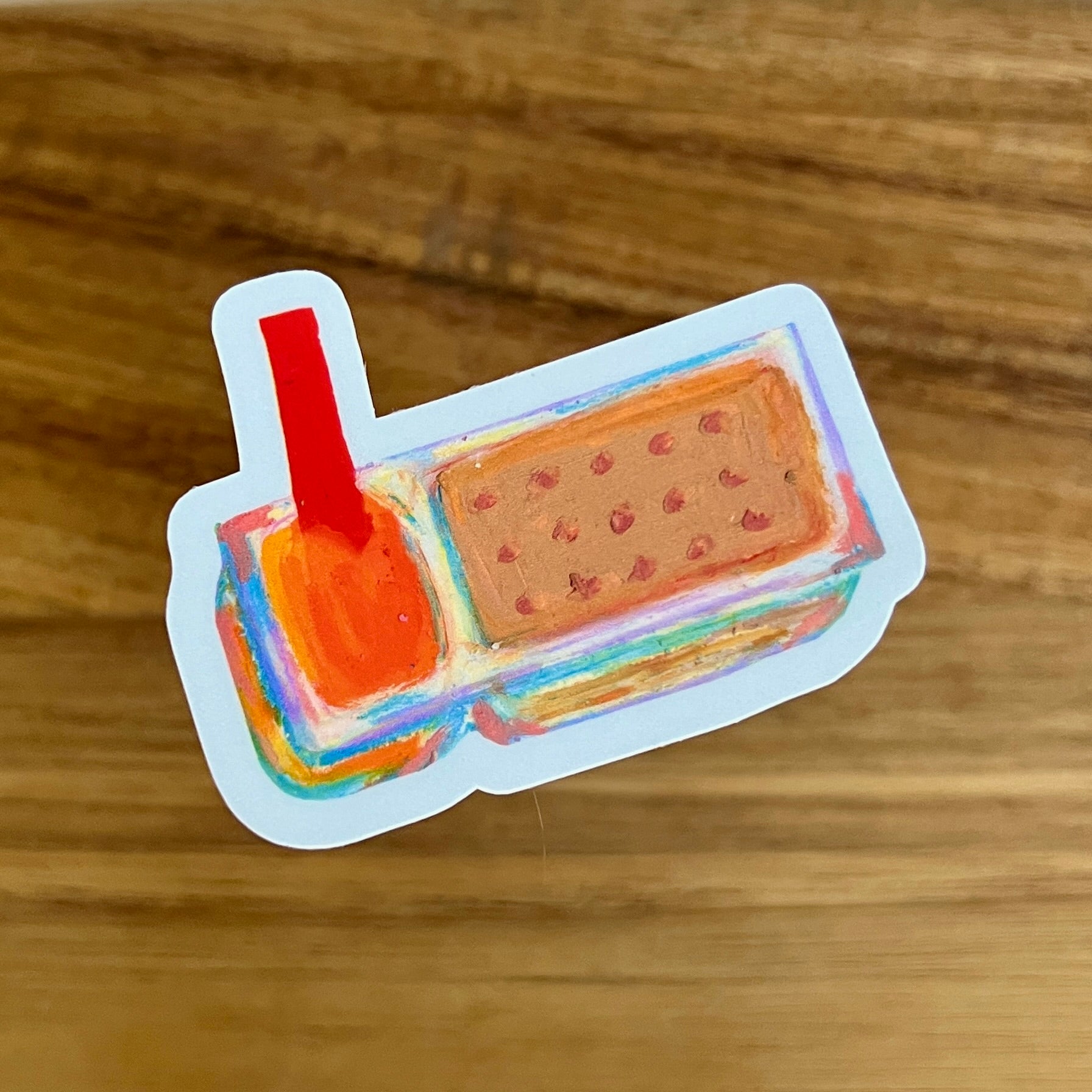 colourful illustration of cheese dip and crackers on wooden surface