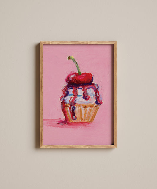 Oil Pastel Cherry Cupcake | Art Print