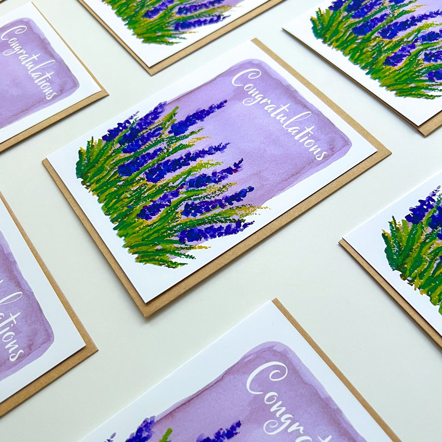greeting cards with illustration of lavender and text 'congratulations'