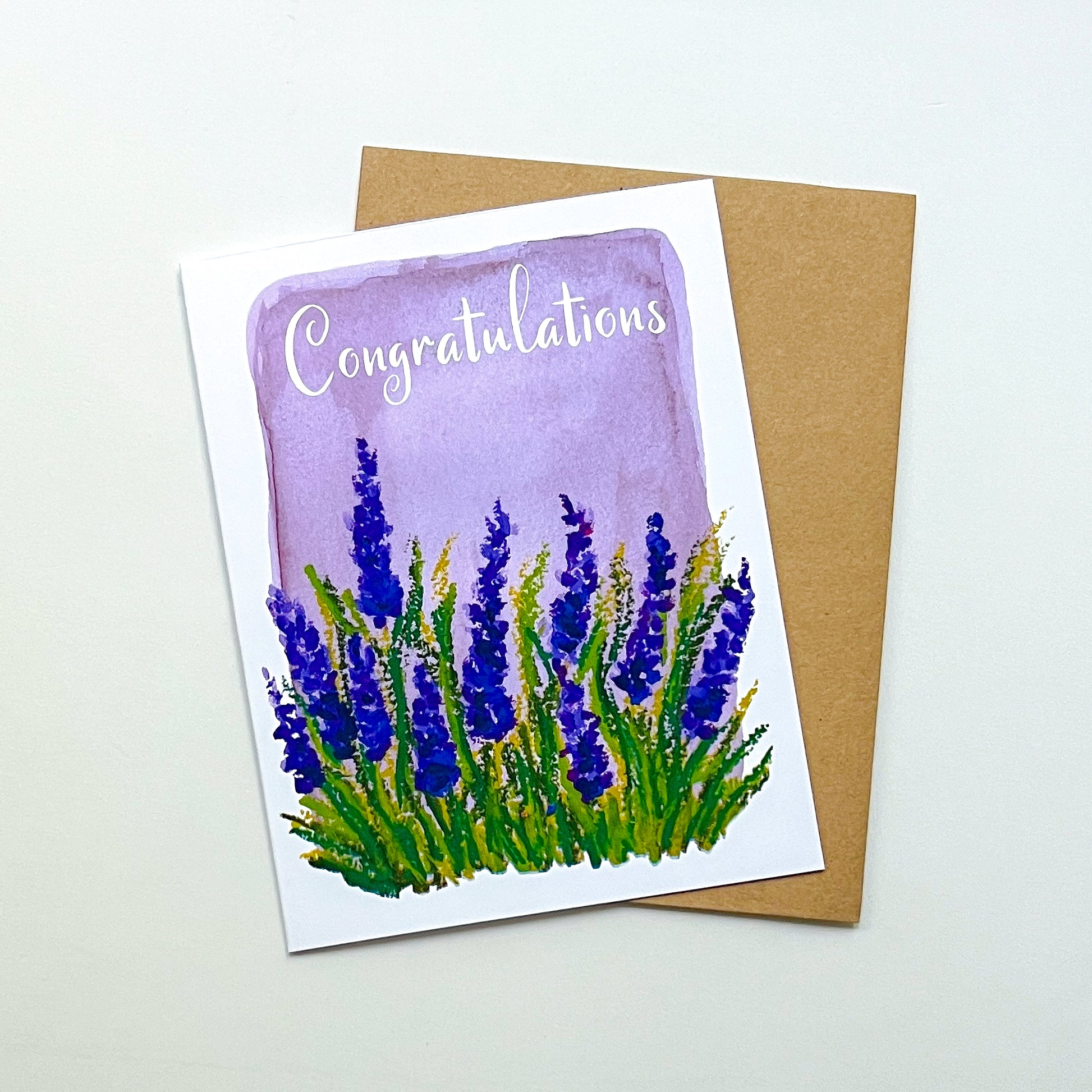 greeting card with illustration of lavender and text 'congratulations'