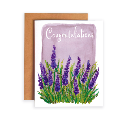 Greeting card with lavender illustration and 'Congratulations' text on a white background