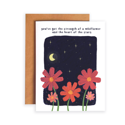 Greeting card with red flowers and night sky design, featuring a motivational quote.