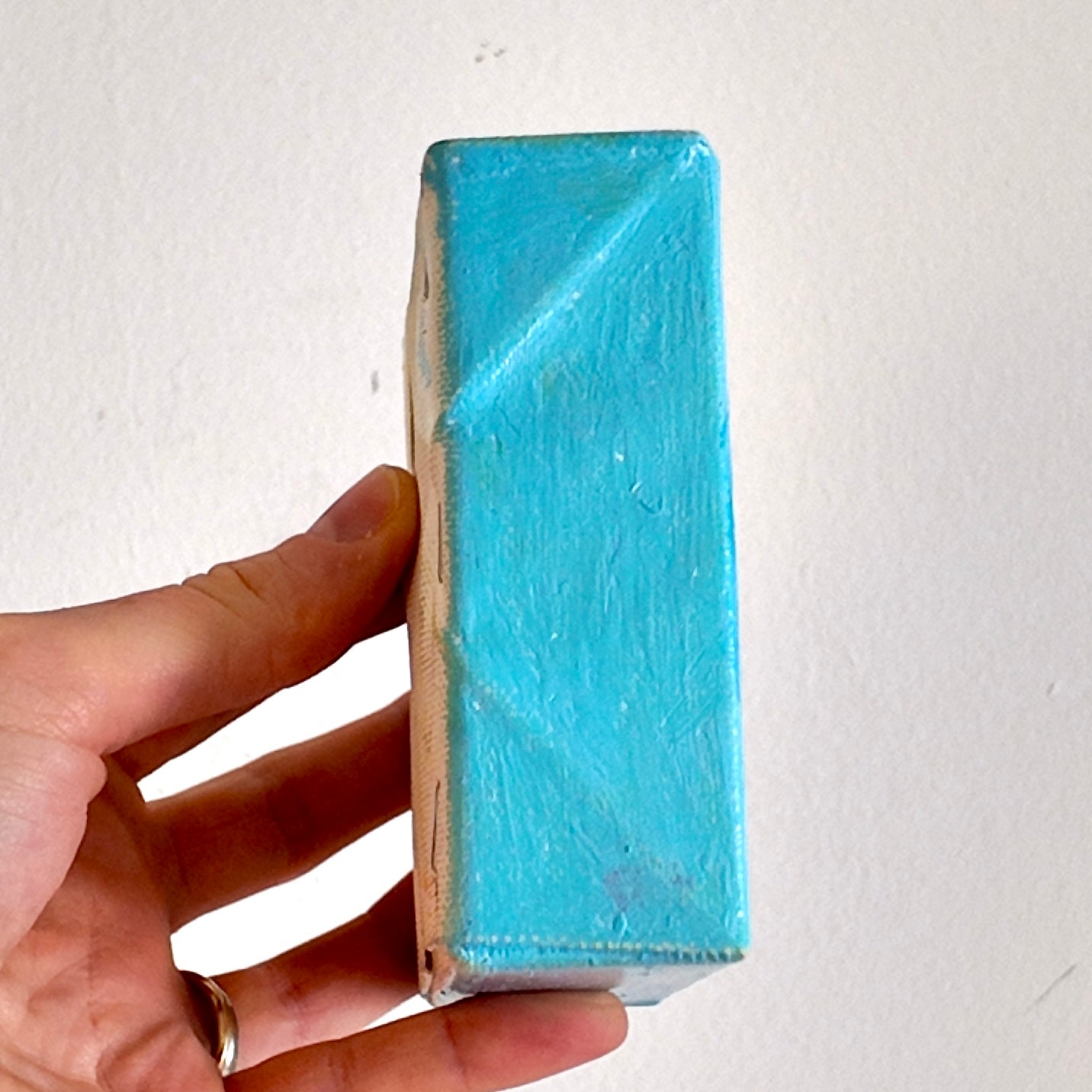 Hand holding profile of painting on canvas against a white background