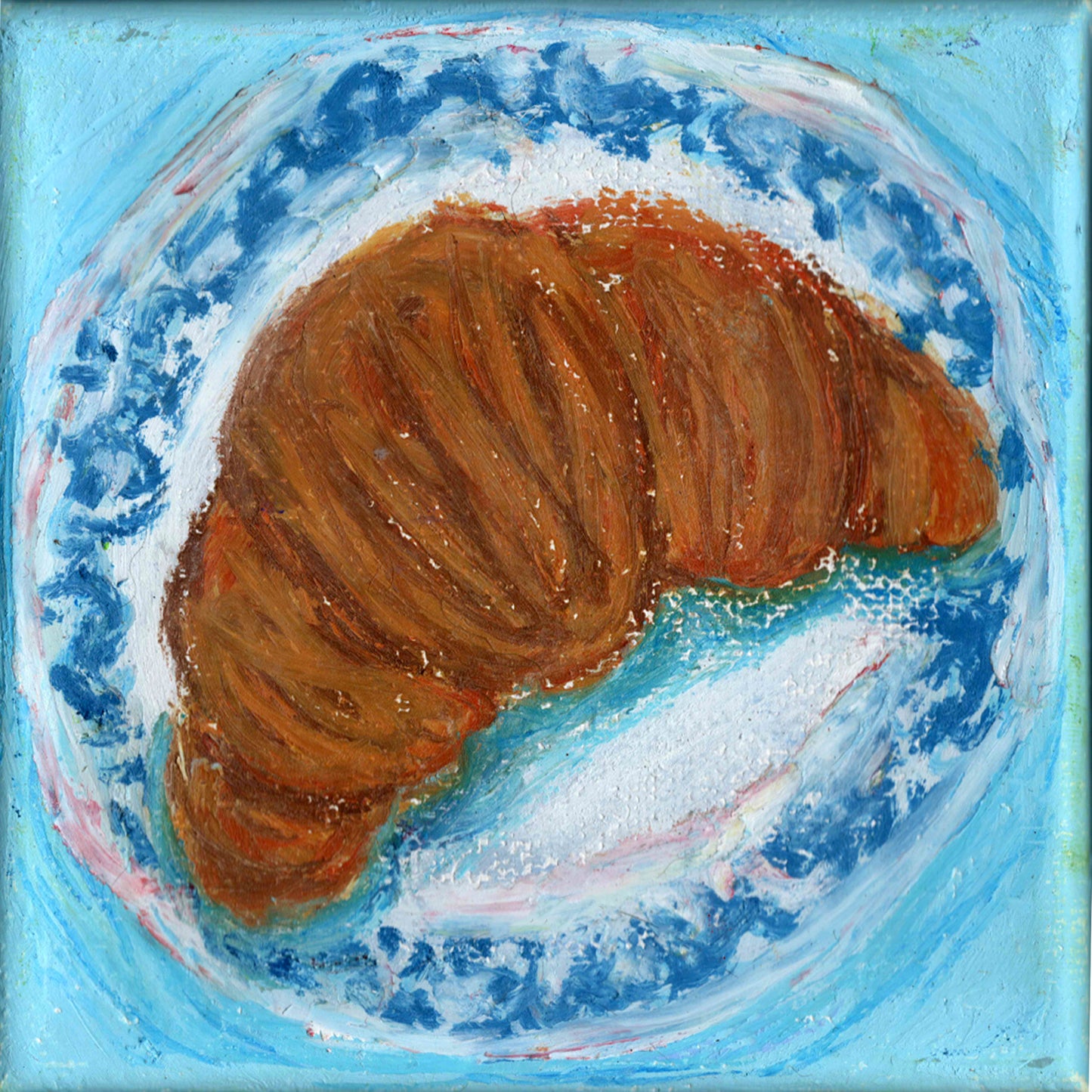 Painting of a brown croissant on a plate with blue background