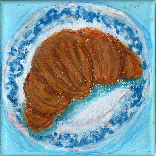 Painting of a brown croissant on a plate with blue background