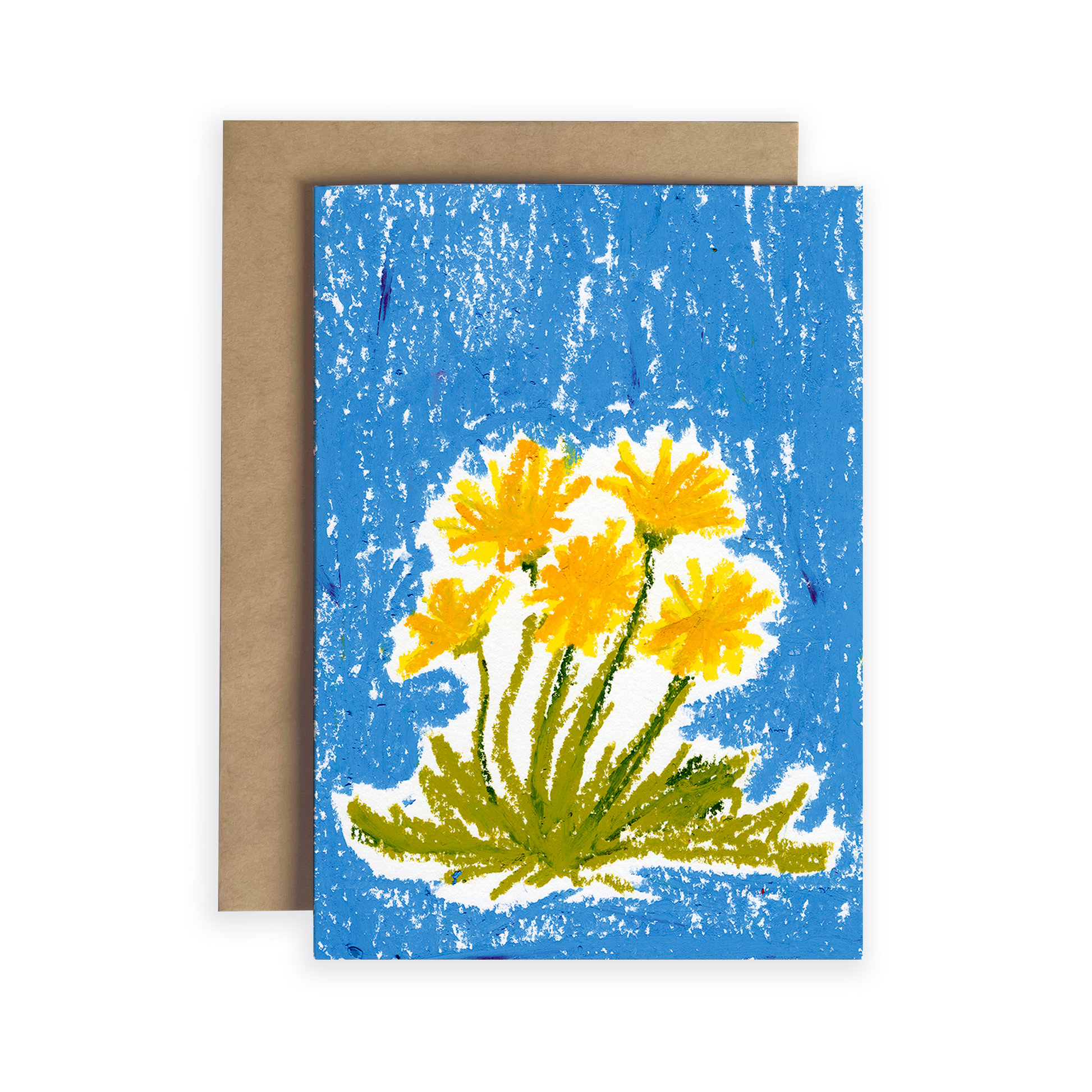 Greeting card with yellow flowers on a blue background, featuring a brown envelope.