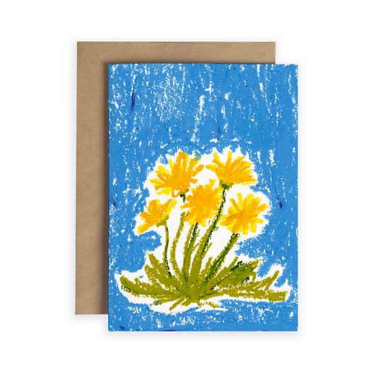 Greeting card with yellow flowers on a blue background, featuring a brown envelope.