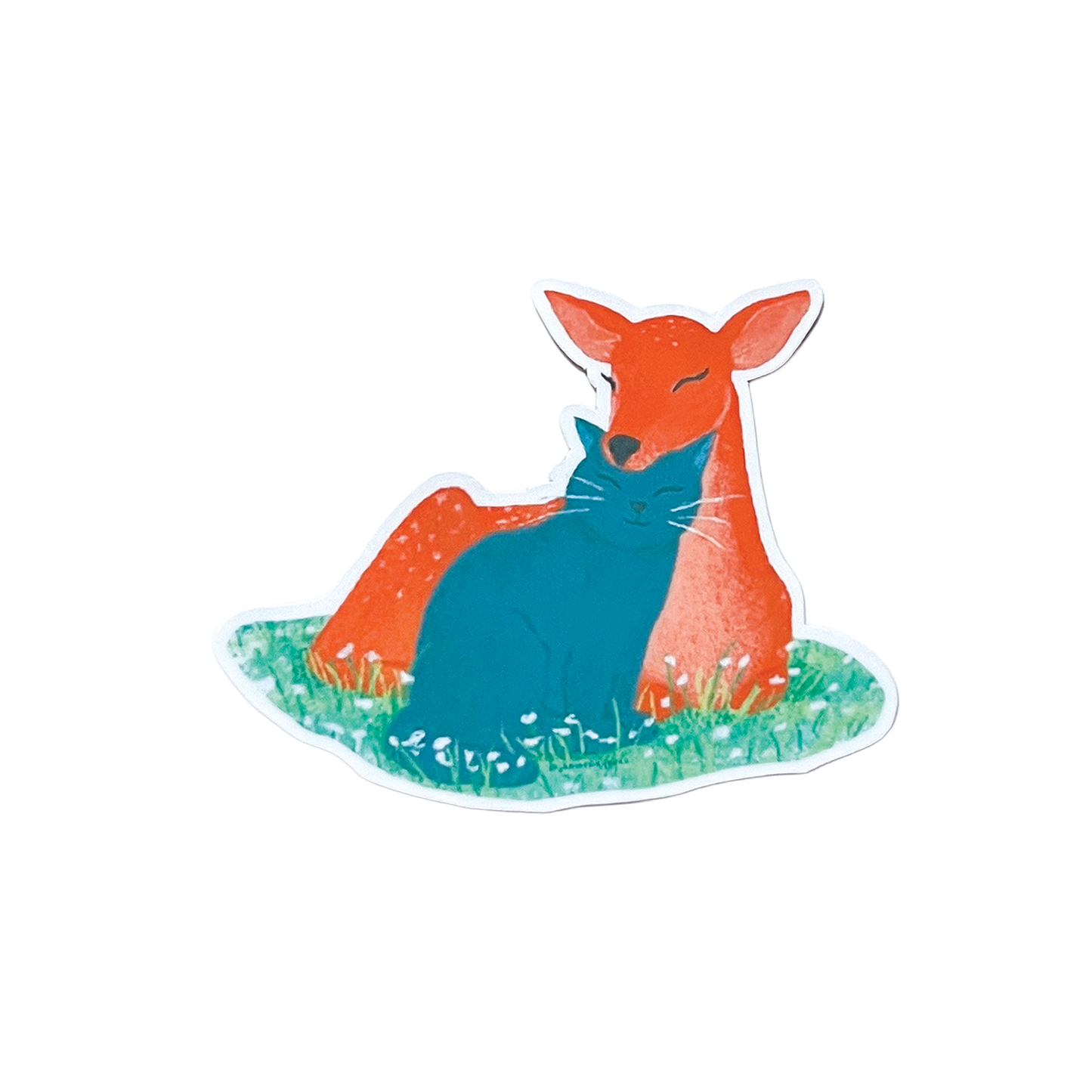 illustrated deer and cat sticker on a white background