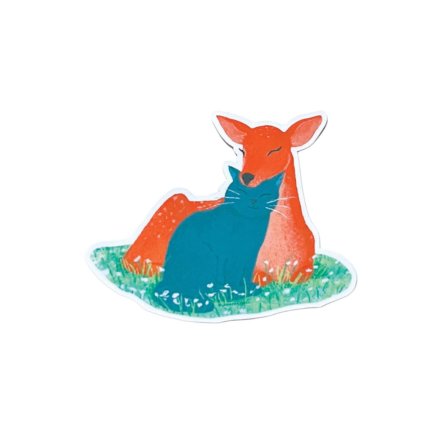 illustrated deer and cat sticker on a white background