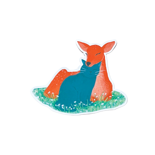 illustrated deer and cat sticker on a white background