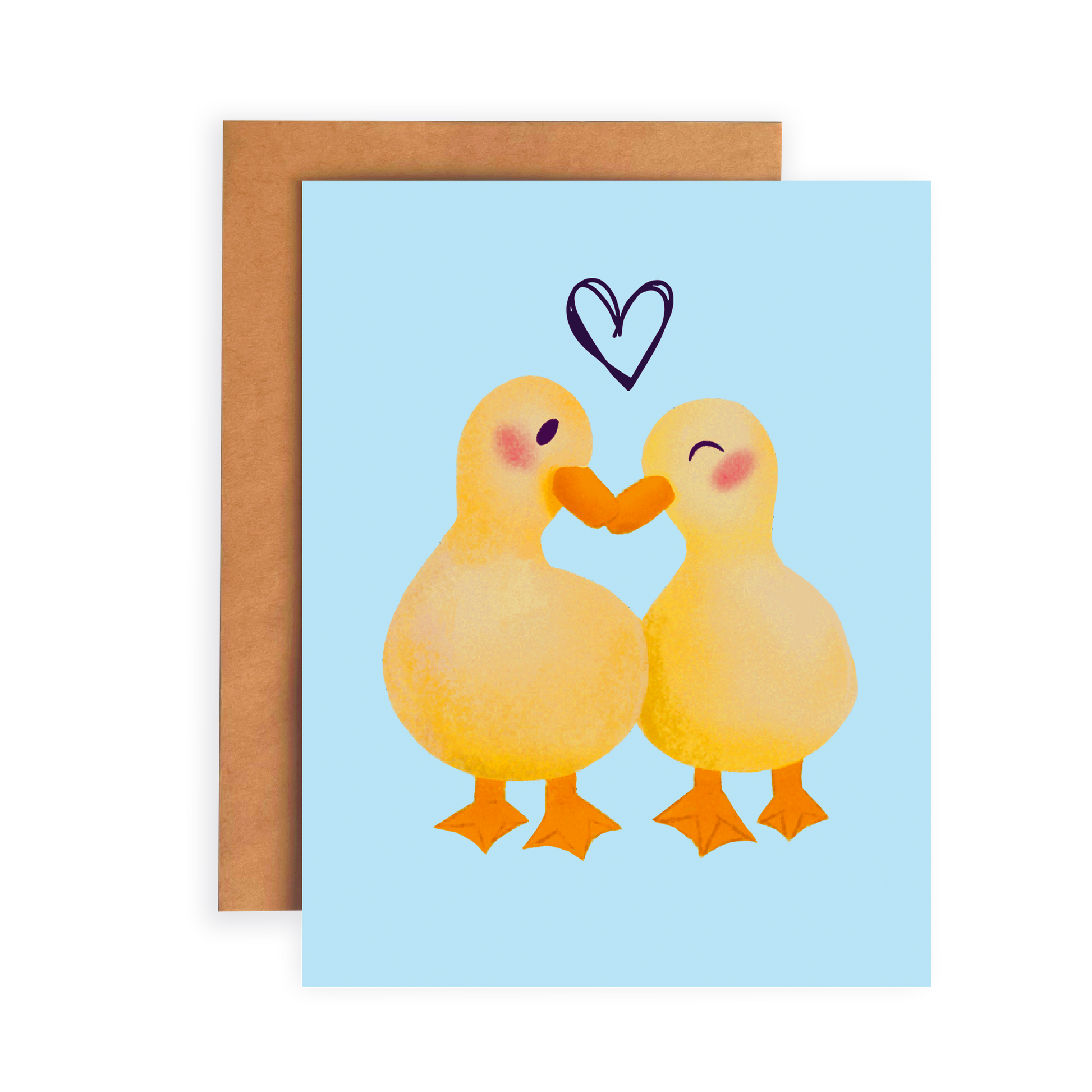 Greeting card with two ducks embracing and a heart above them on a light blue background.