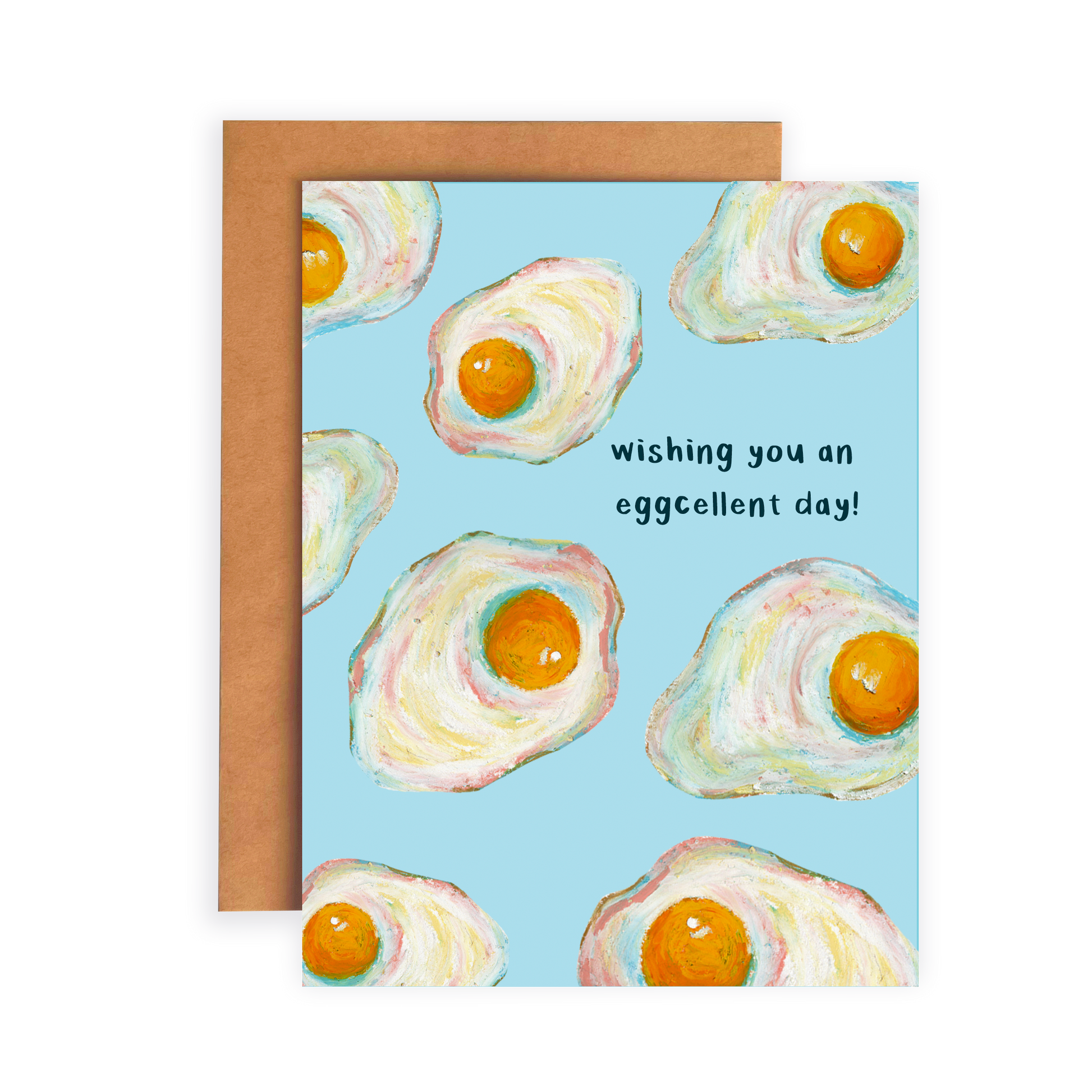 Greeting card with fried egg illustrations and text 'Wishing you an eggcellent day!' on a blue background.