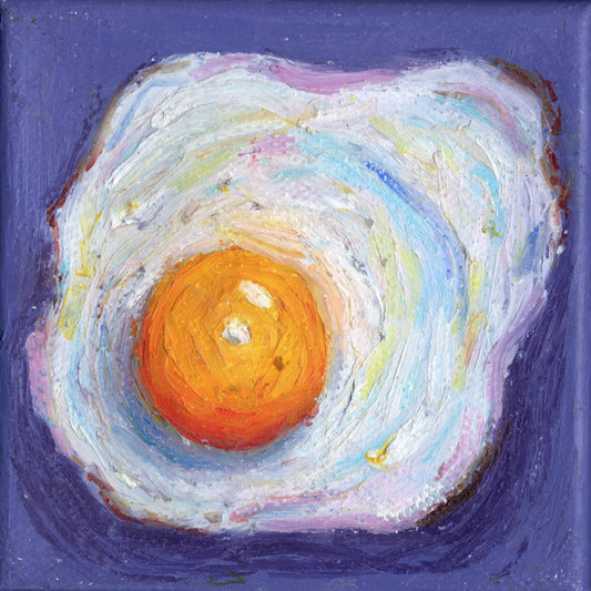 fried egg painting on purple background