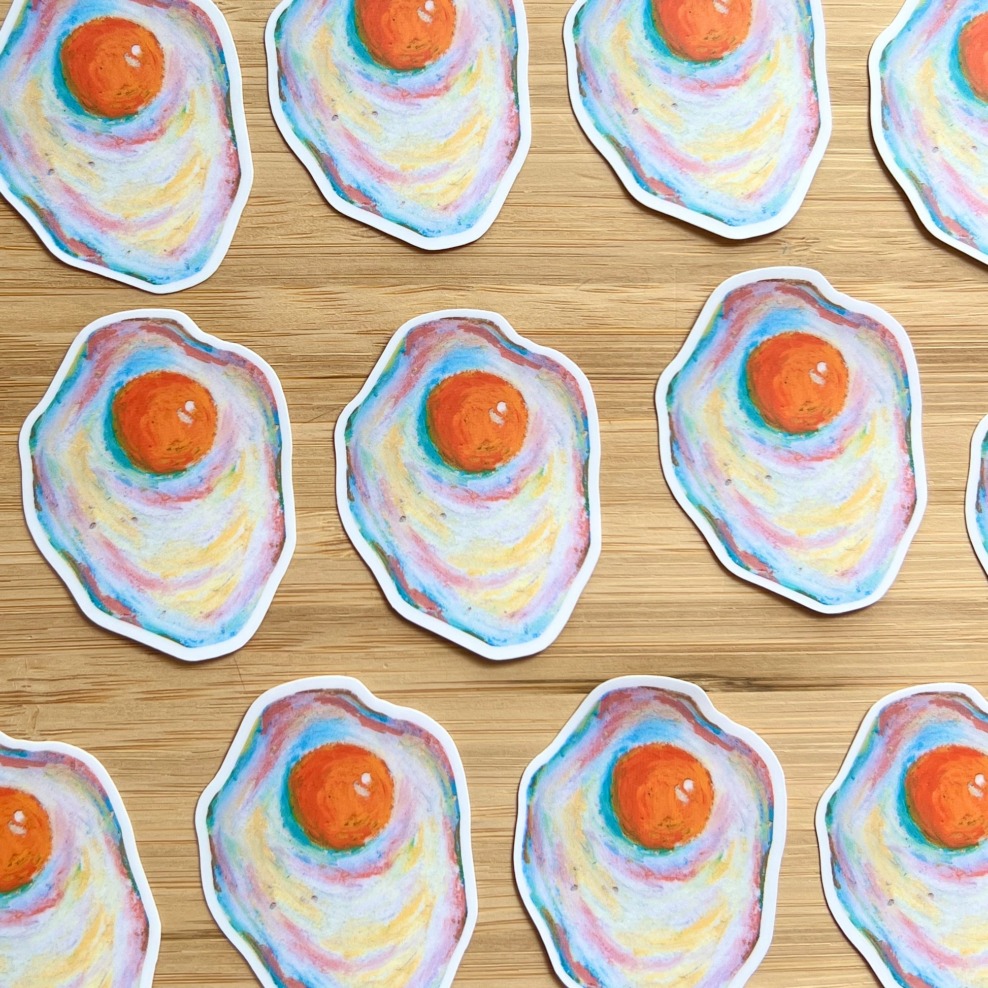 egg stickers on wooden surface