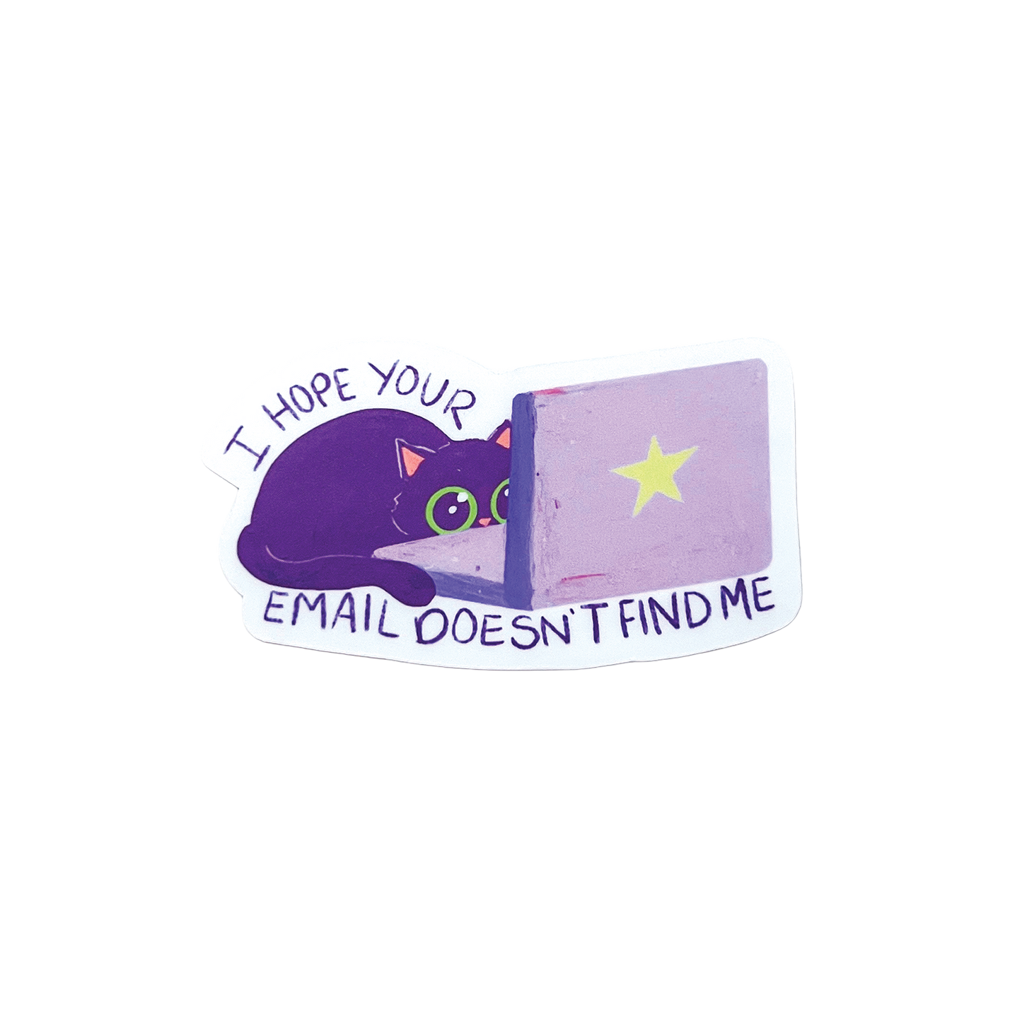 Purple cat illustration with an open laptop and text 'I hope your email doesn't find me' on a white background