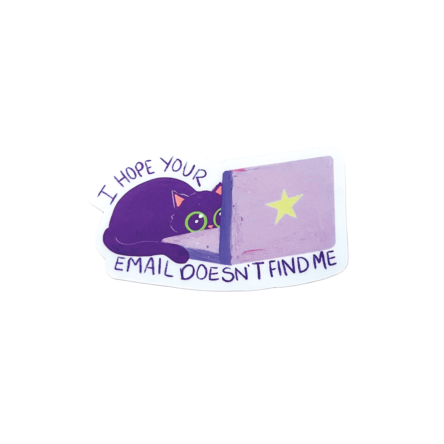 Purple cat illustration with an open laptop and text 'I hope your email doesn't find me' on a white background