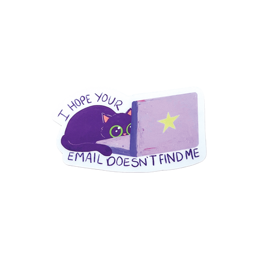 Purple cat illustration with an open laptop and text 'I hope your email doesn't find me' on a white background