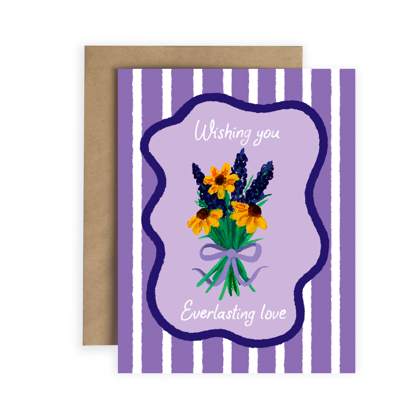Greeting card with floral design and 'Wishing you Everlasting love' text on a purple striped background.