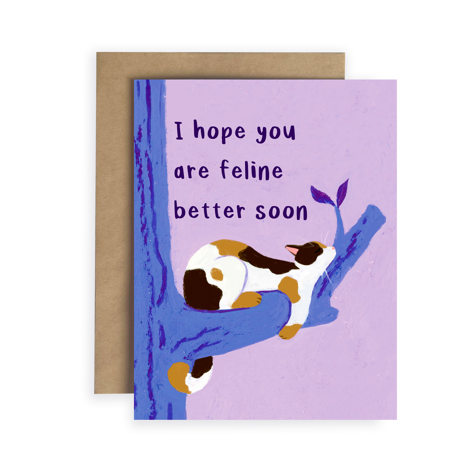 Greeting card with a cat illustration and text 'I hope you are feline better soon' on a purple background