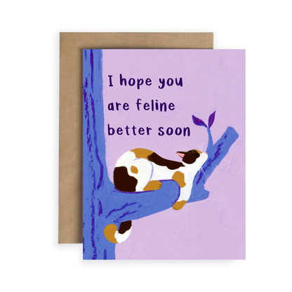 Greeting card with a cat illustration and text 'I hope you are feline better soon' on a purple background