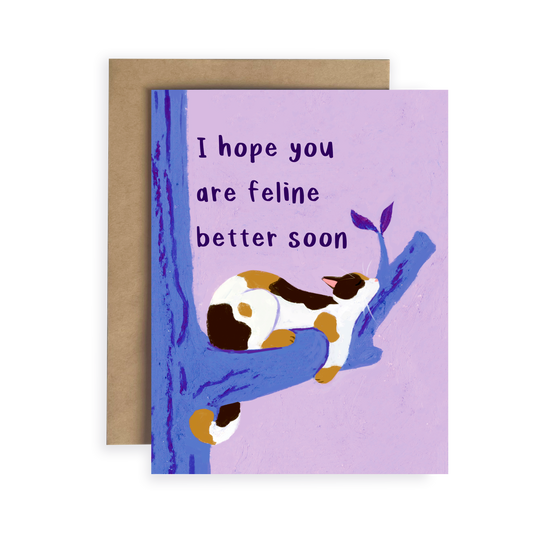 Greeting card with a cat illustration and text 'I hope you are feline better soon' on a purple background