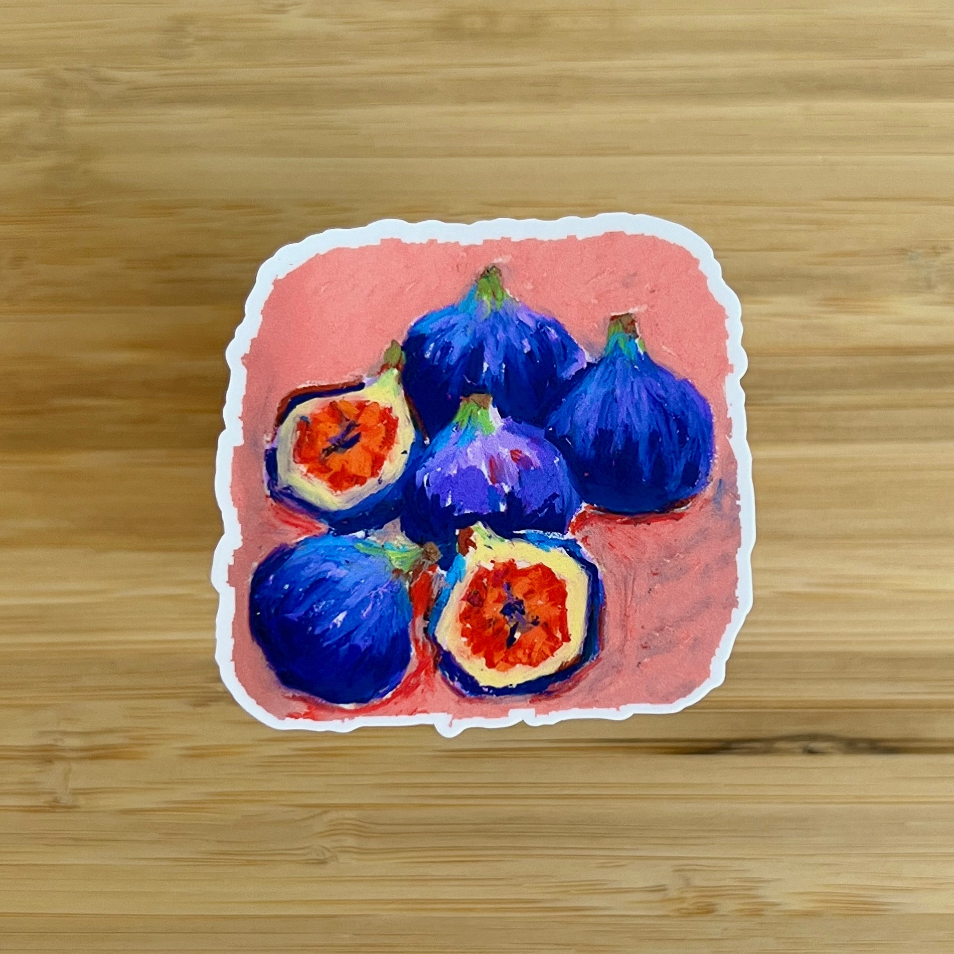 Illustration of figs on a pink background with a wooden surface
