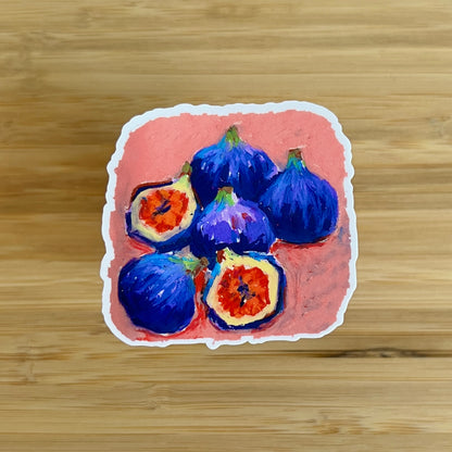Illustration of figs on a pink background with a wooden surface