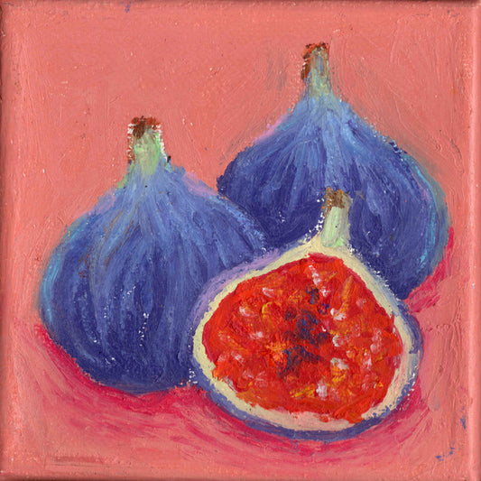 Painting of three figs on a pink background