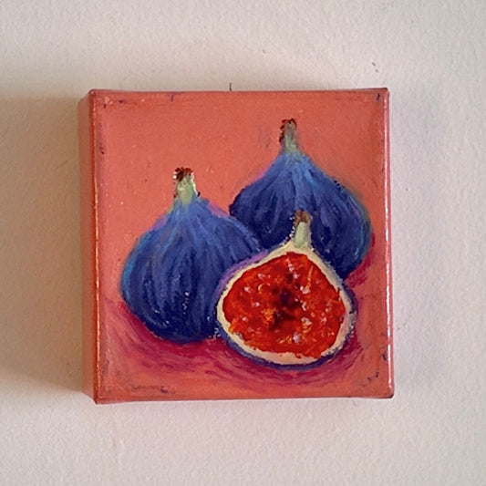 Small painting of three figs on a square canvas with a plain background