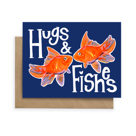 Card with two goldfish and text 'Hugs & Fishes' on a blue background