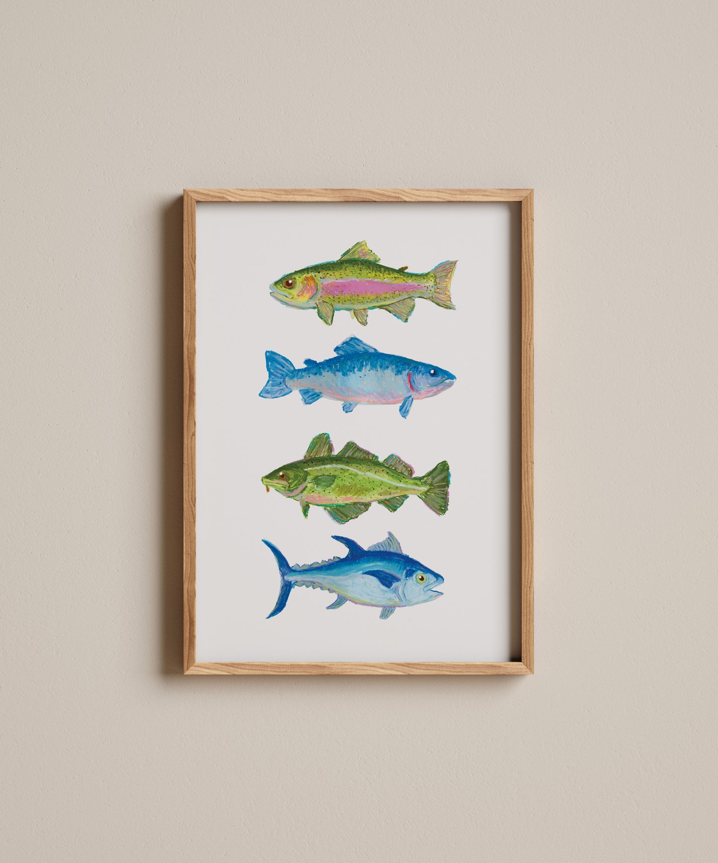 Framed artwork of four fish illustrations on a beige wall