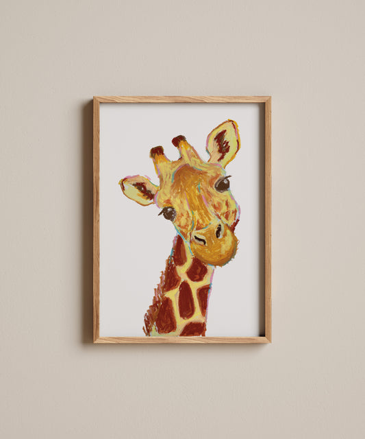 Framed illustration of a giraffe on a beige wall