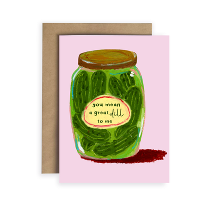 Greeting card with a jar of pickles and text on a pink background