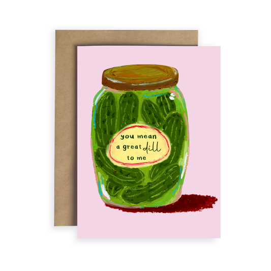 Greeting card with a jar of pickles and text on a pink background