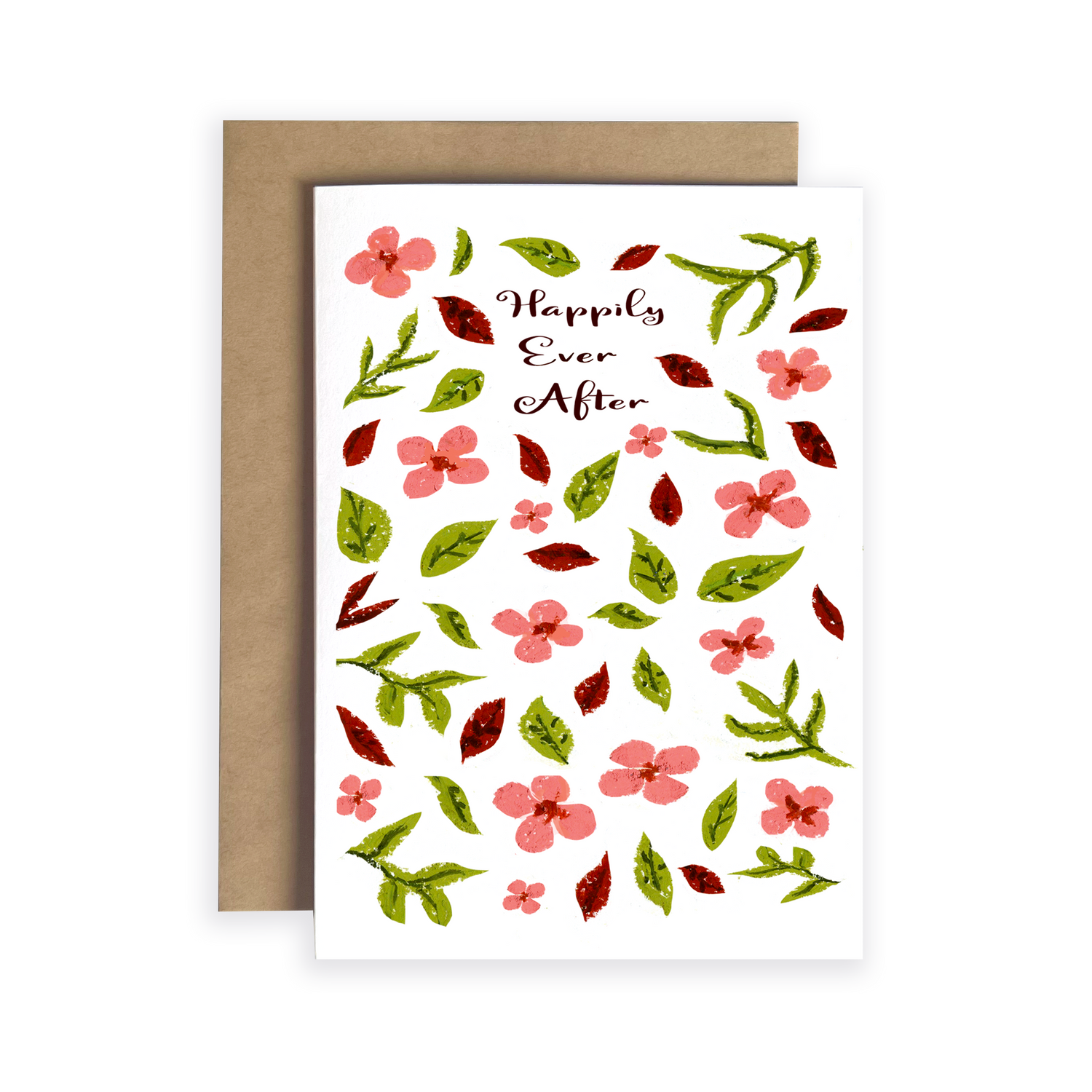 Greeting card with floral design and 'Happily Ever After' text on a white background