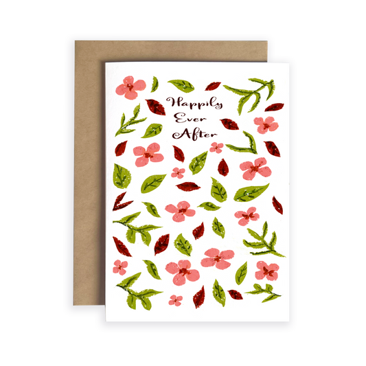 Greeting card with floral design and 'Happily Ever After' text on a white background