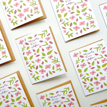 greeting cards with floral pattern and text 'happily ever after'