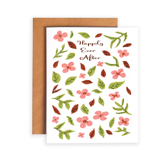 Greeting card with floral design and 'Happily Ever After' text on a white background
