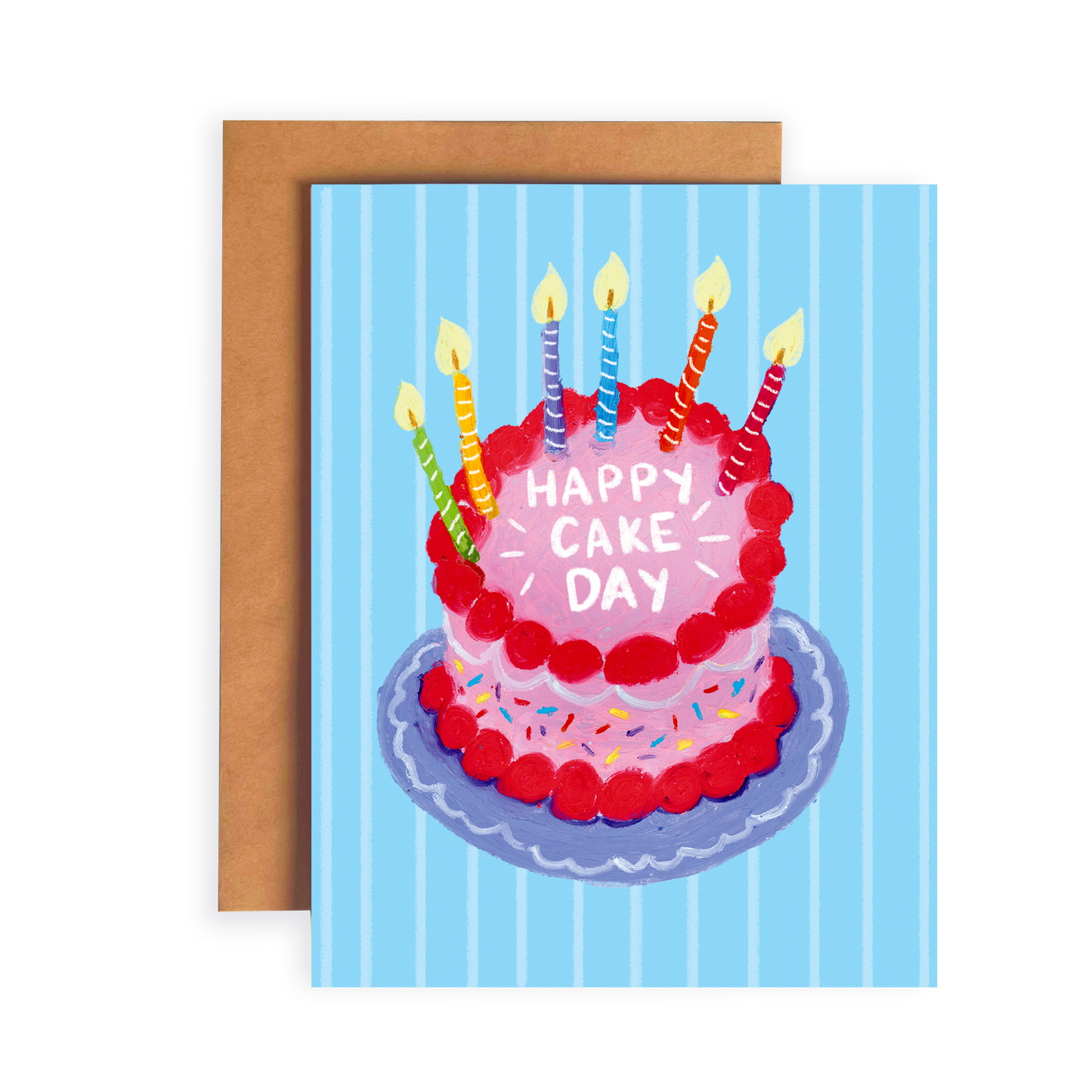 Greeting card with a birthday cake illustration and 'Happy Cake Day' text on a blue striped background.