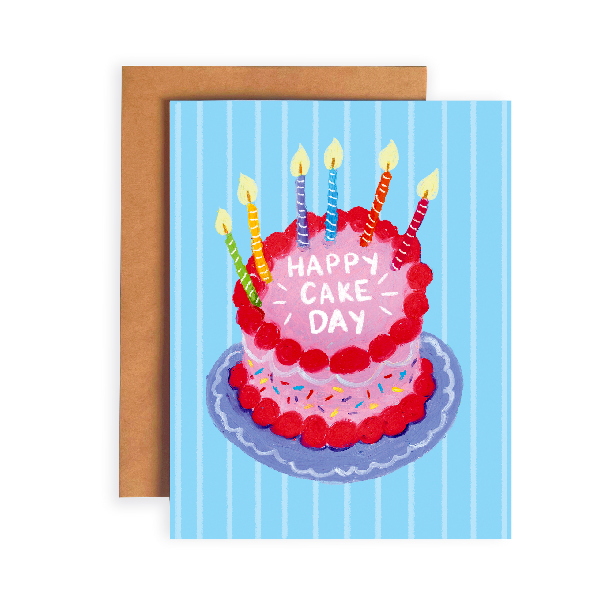 Greeting card with a birthday cake illustration and 'Happy Cake Day' text on a blue striped background.