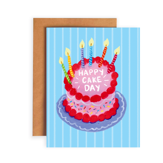 Greeting card with a birthday cake illustration and 'Happy Cake Day' text on a blue striped background.